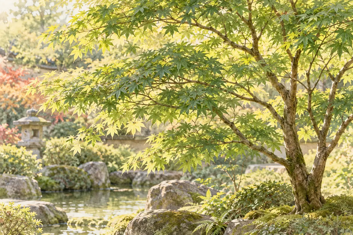 枝葉の間から光が差すもみじの樹形