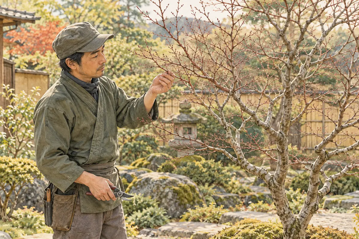 剪定前にもみじの枝の分かれ方を確認する庭師