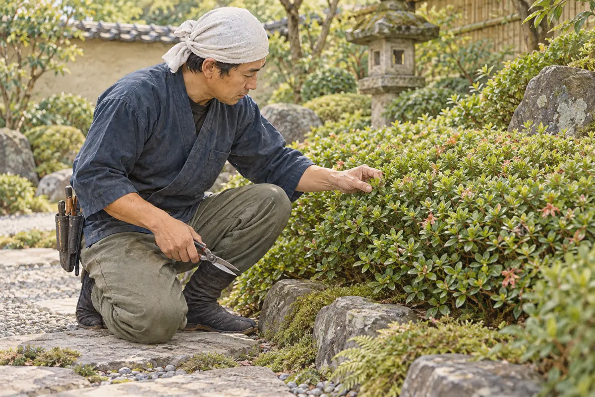 サツキの枝葉を確認して剪定範囲を考える庭師