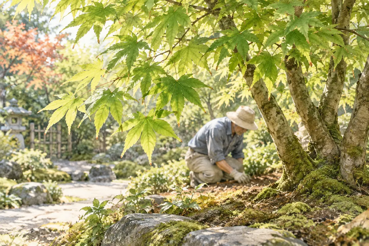 もみじの葉と根元の状態を確認する庭師