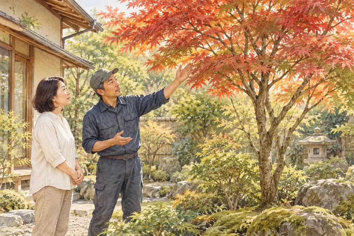もみじの枝ぶりについて庭師に相談する所有者