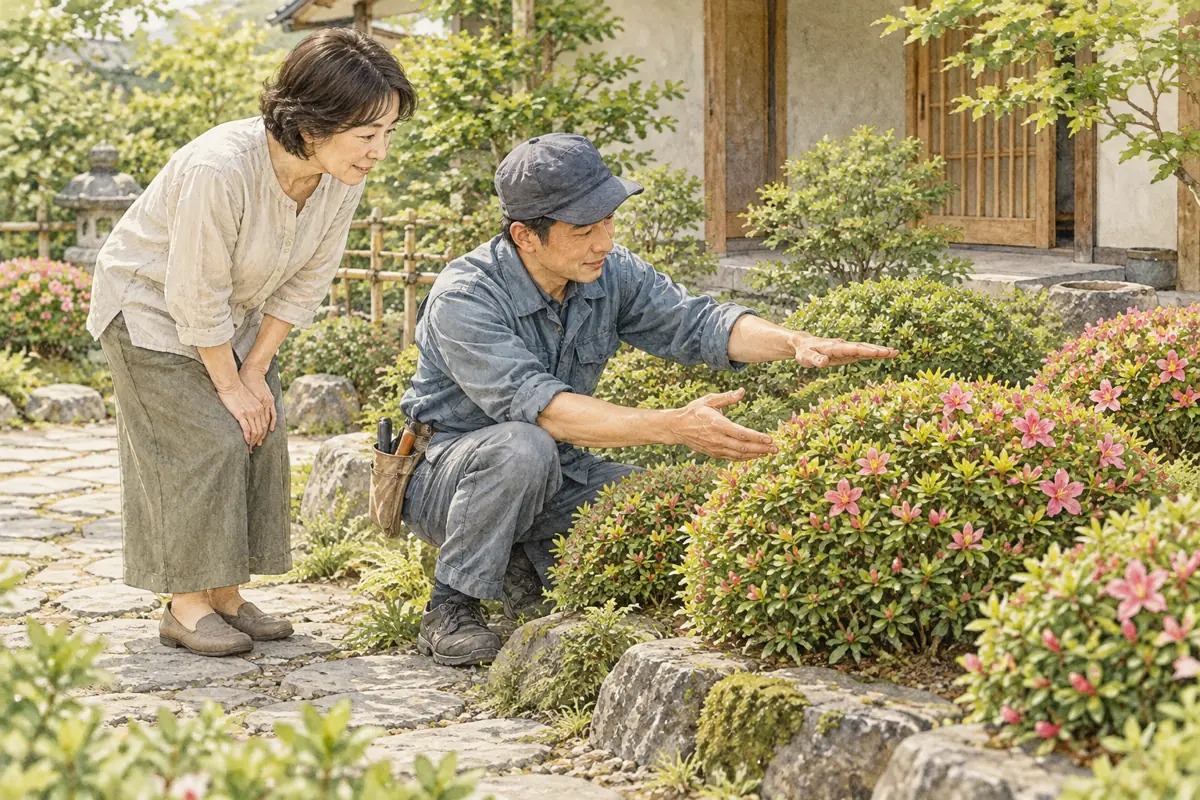 サツキの仕上がりを庭師に相談する所有者